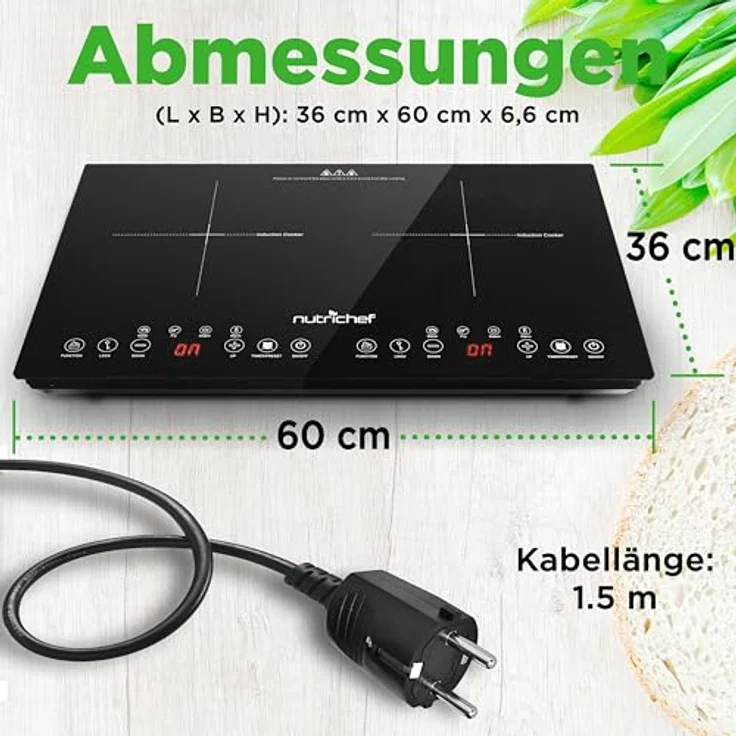 NutriChef Induktionskochfeld 2 Platten, 60x36 cm Ceranfeld mit Timer, Touchsteuerung, Kindersicherung, 1800W, mobil und platzsparend – Bild 3