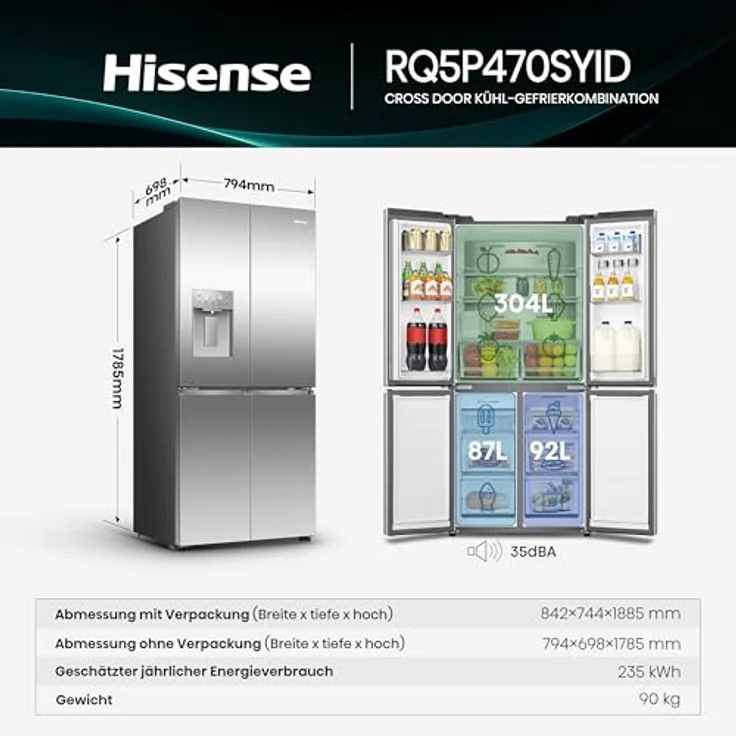 Hisense RQ5P470SYID, French Door Kühl-Gefrier-Kombination mit No Frost, 304 l Kühlvolumen, Inox-Look – Bild 3