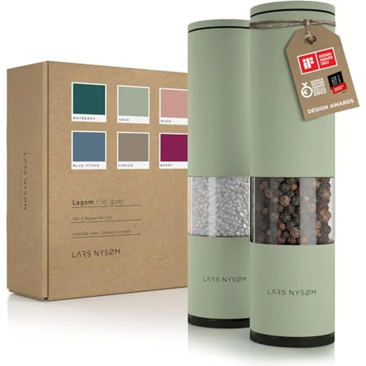 LARS NYSØM Salz und Pfeffer Mühle 2er Set Manuell mit einstellbarem Keramik-Mahlwerk von grob bis fein I Design Gewürzmühlenset (2 Stück) (Sage) – Bild 1