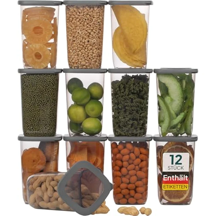 UANDU Vorratsdosen mit Deckel Luftdicht Set, BPA frei, Aufbewahrungsbox, Küchenorganizer, Vorratsbehälter Mehl Aufbewahrung Küche - 12x1200ml-Grau – Bild 1