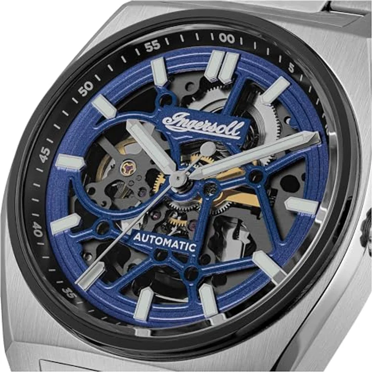 Ingersoll The Vert, Herren Automatikuhr 43mm mit blauem Zifferblatt, silberfarbenem Edelstahlarmband und skelettiertem Uhrwerk – Bild 2