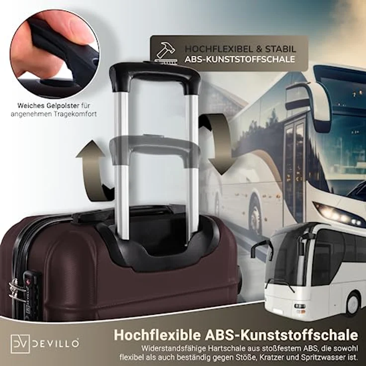 Devillo® Hartschalenkofferset 4tlg. S-M-L-XL in Braun, ABS-Hartschale mit TSA-Zahlenschloss, 4 Rollen, Teleskopgriff, inkl. digitaler Kofferwaage und Gepäckanhängern – Bild 5