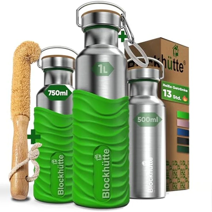 Blockhütte Edelstahl Trinkflasche 750ml I Auslaufsicher, BPA-Frei, Mit Silikonmantel, Thermosflasche für Kinder & Erwachsene, Kohlensäure geeignet – Bild 1