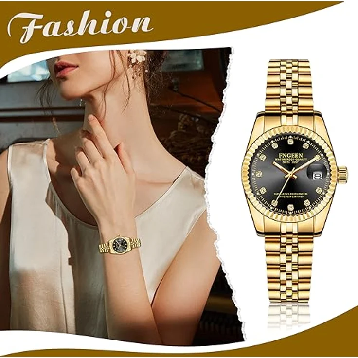 JewelryWe Armbanduhr Damen Edelstahl, wasserdicht, analog Quarz mit Datum, leuchtenden Zeigern und schwarzem Zifferblatt, goldfarbenes Armband – Bild 4