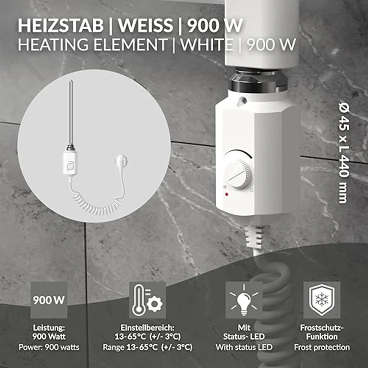 ECD Germany Heizstab 600W Weiß für Badheizkörper, Heizpatrone mit Thermostat, Elektronischer Temperaturregler, Frostschutz-Funktion, IP44, 120cm Kabel – Bild 2