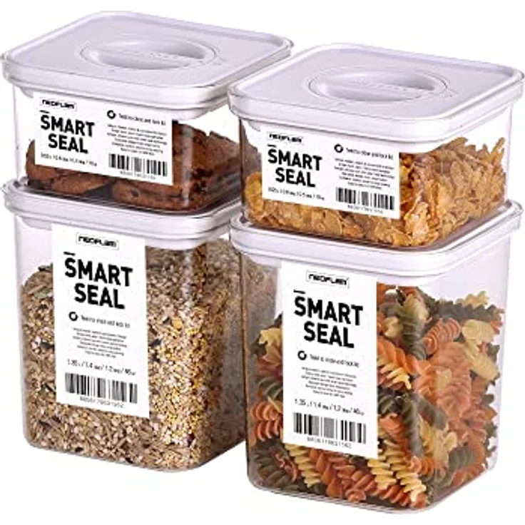 Neoflam Vorratsdosen mit Deckel luftdicht & Einhanddrehverschluss | BPA frei | Aufbewahrungsbox Küche | weiß - 4-teiliges Set, je 0.55L, 1.35L, 1L, 2.7L