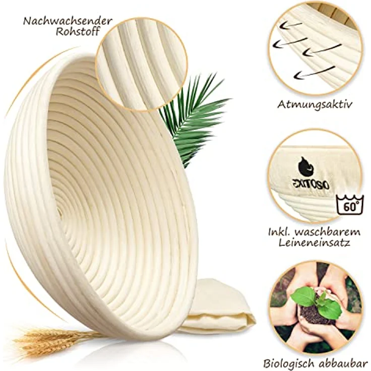Exitoso Gärkörbchen rund 1kg aus Peddigrohr Ø25cm - Beige inkl. (E-Book Rezept, Leinentuch) - Brot backen mit Gärkörbchen Set - Gärkorb rund Banneton Brotbackzubehör Gärform - Garkörbe Brot Brotbacken – Bild 3
