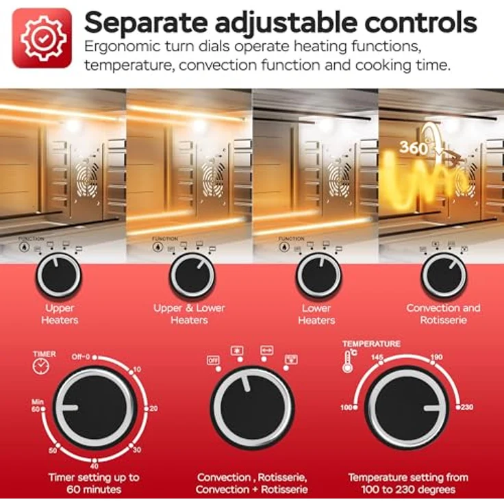 TurboTronic Elektrobackofen 45L, Edelstahl Tischbackofen mit Umluft, Grill & Drehspieß, Timer & Doppelglastür für Pizza, Braten & Aufläufe – Bild 5