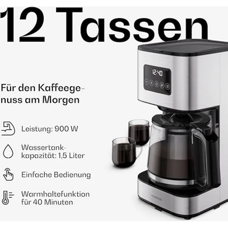 Klarstein Verosteel Frühstücksset, Toaster 2 Scheiben mit 7 Bräunungsstufen & Brötchenaufsatz, Wasserkocher 1.7L Edelstahl, Filterkaffeemaschine 12 Tassen mit Warmhaltefunktion – Bild 5
