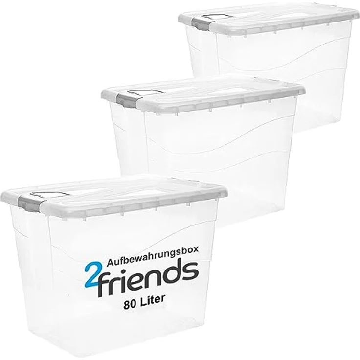 2friends Aufbewahrungsbox mit Deckel Groß XXL, 3er Set, 80 L, stapelbare Plastikboxen mit Rollen und Clip-Griffen, Modell Adis – Bild 1