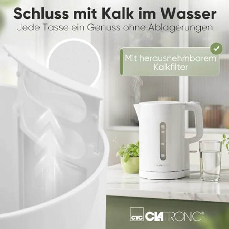 Clatronic WK 3835 Wasserkocher 1,7L, 2200W, BPA frei, Einhandbedienung, Wasserstandsanzeige, weiß – Bild 5