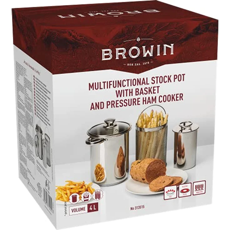 Browin 313515, Multifunktions-Topf mit Korb und Schinkenkocher 1,5 kg Mehrzwecktopf mit Siebeinsatz, Silber – Bild 2