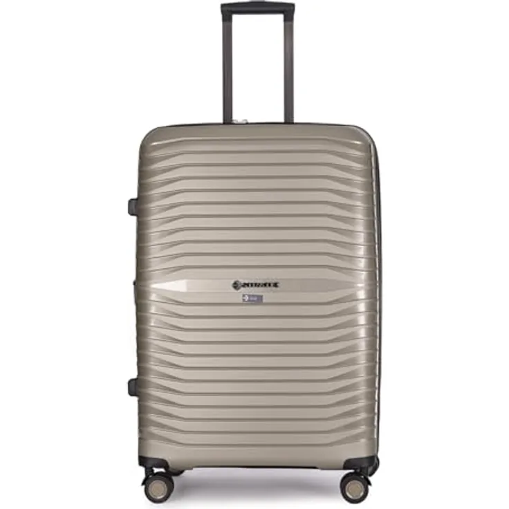 Stratic Bright+ Hartschalen-Koffer Trolley Koffer groß Reisekoffer, 4 Rollen, erweiterbar, TSA-Schloss (Größe L, Champagne)