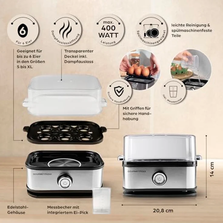GOURMETmaxx Eierkocher für 6 Eier, Edelstahl Egg Boiler mit Eierstecher, 3 Härtegrade, spülmaschinenfeste Teile, ideal für Zuhause und Unterwegs – Bild 4