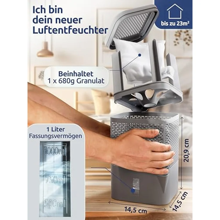 BonAura.de AirOne Granulat Luftentfeuchter bis 23m²: Titanium Gray, geräuschloser Betrieb ohne Strombedarf, für Räume bis 55 m³ geeignet, umweltfreundlicher Entfeuchter – Bild 2
