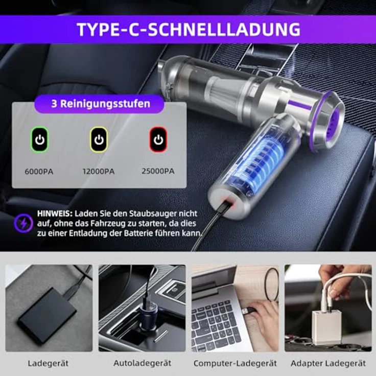 CUGEFRE Handstaubsauger, 25000Pa Kabellos mit 1-Knopf-Selbstentleerung, 4-in-1 Multifunktion, Bürstenloser Motor, 3 Saugstufen, Ideal für Auto und Haushalt – Bild 5