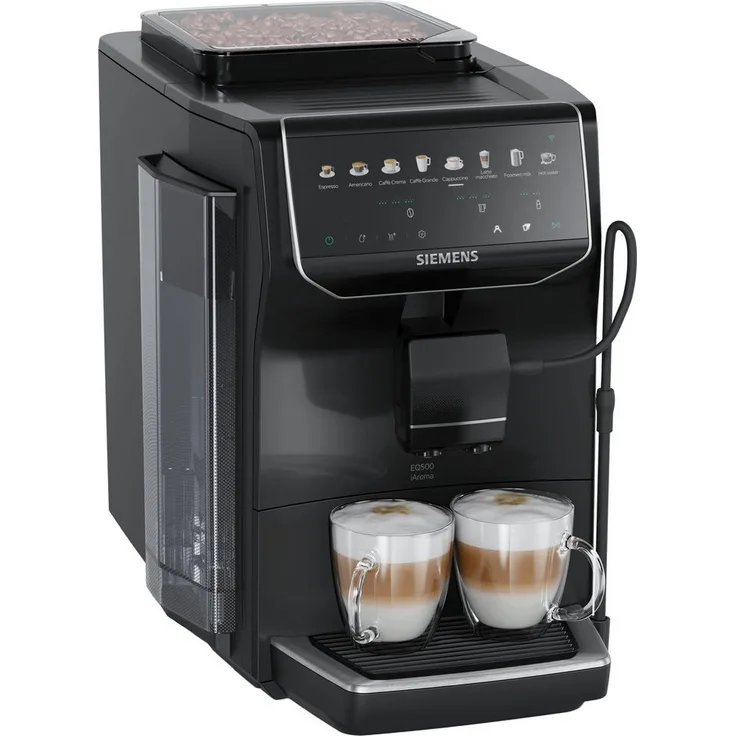SIEMENS Kaffeevollautomat EQ500 TP553E09, Doppeltassenfunktion, 8 Getränke, einfache Reinigung, Keramikmahlwerk, entnehmbare Brüheinheit, Steuerung per App, Schwarz