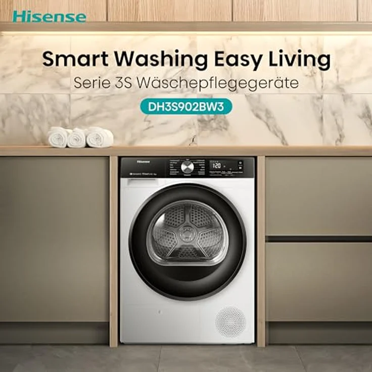 Hisense DH3S902BW3, 9KG Kondensation mit Wärmepumpe, 16 Programme, TwinAir, Weiß, EEK A – Bild 4