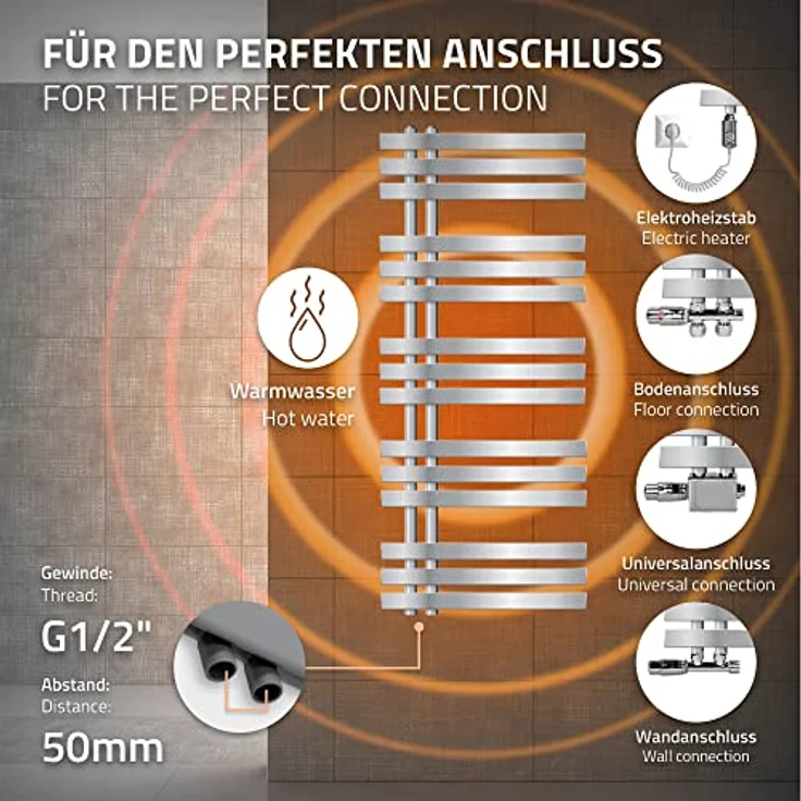ECD Germany Iron EM Design Badheizkörper Elektrisch mit Heizstab 900 W - 500 x 1200 mm - Chrom - Designheizkörper Paneelheizkörper Handtuchwärmer – Bild 5