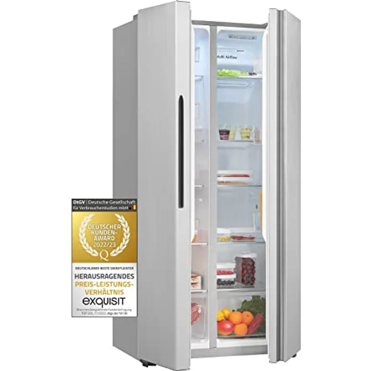 Exquisit SBS46-010F Side-by-Side-Kühlschrank, freistehend, Inoxlook, NoFrost, Breite 83.2 cm