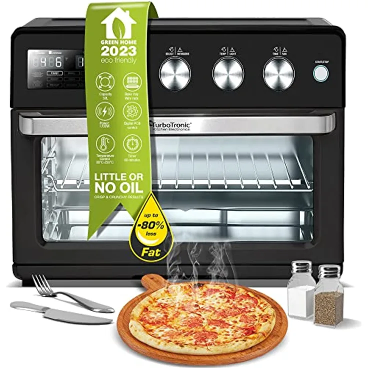 TurboTronic digitaler Heißluftofen - XXL 32 Liter mit Drehspieß für Hähnchen 5 in1 Mini Backofen, Dörrer & Power Heißluftfritteuse Airfryer ab 25°C