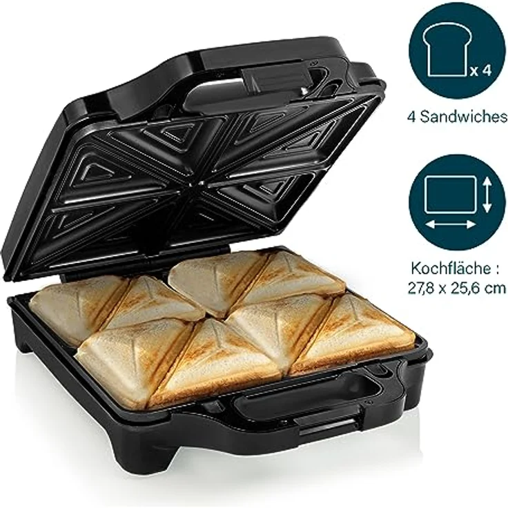 Princess Supreme XXL Sandwichmaker, für 4 Sandwiches, 1600 Watt, extra große Grillfläche 27,8 x 25,6 cm, Überhitzungsschutz, Anti-Rutsch-Füße, antihaftbeschichtet, silber, schwarz – Bild 2