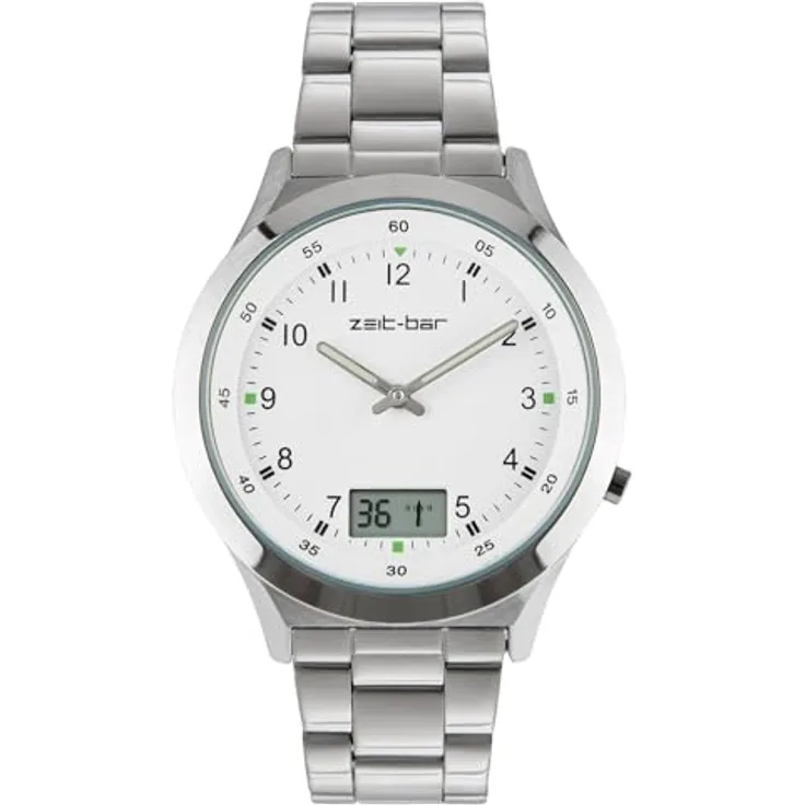 Zeit-Bar Funk-Armbanduhr Herren, mit Datums- und Sekundenanzeige, Edelstahlgehäuse und LCD-Anzeige
