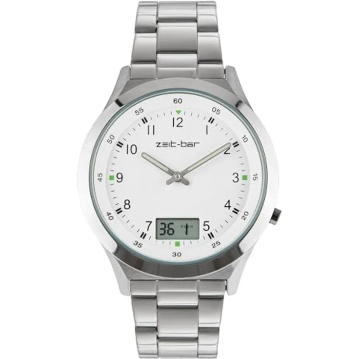 Zeit-Bar Funk-Armbanduhr Herren, mit Datums- und Sekundenanzeige, Edelstahlgehäuse und LCD-Anzeige – Bild 1