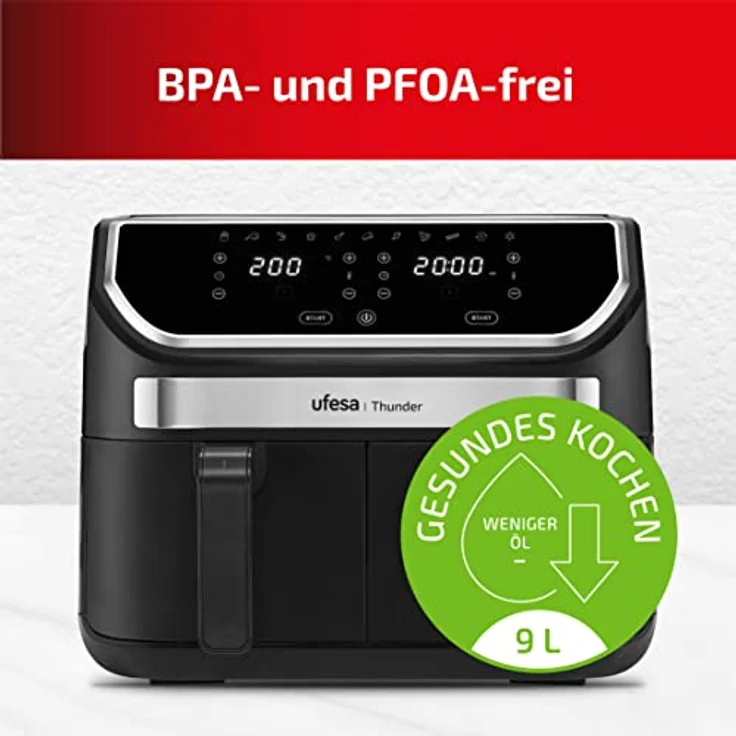 Ufesa Thunder Heißluftfritteuse Doppelkammer Dual Zone, 11 Programme, 9 Liter, 2 große Frittierfächer, 2 unabhängige Garzonen, 1700W, digitale Steuerung, Antihaftbeschichtung – Bild 3