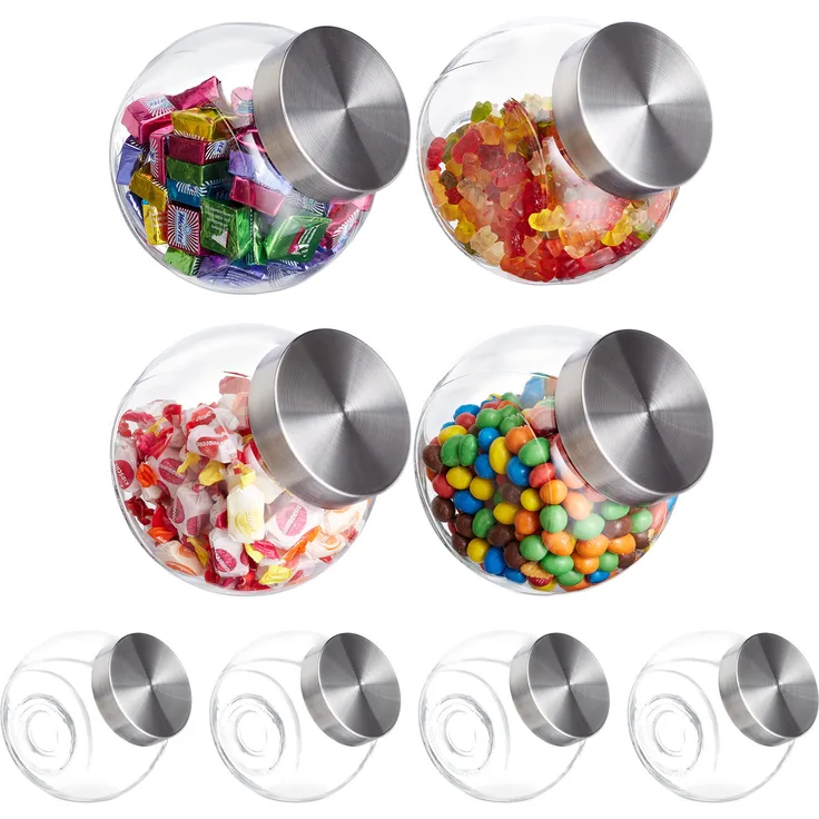 Relaxdays 8 x Bonbonglas 1,5 l, Süßigkeitenbehälter mit luftdichtem Edelstahl-Deckel, Transparent/Silber
