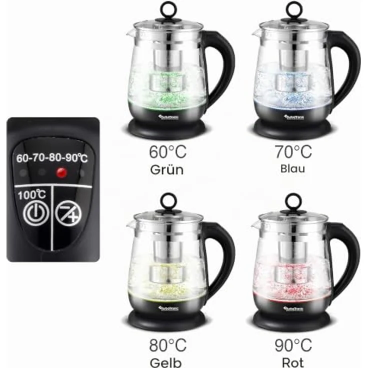 TurboTronic Glas-Wasserkocher TT-LED11, 2200 W, 1,5 l, hitzebeständiges Borosilikatglas, Temperaturwahl 60-100 °C, herausnehmbares Teesieb, 100 % plastikfrei – Bild 5