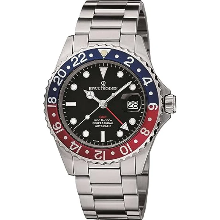 Revue Thommen GMT Herren-Automatikuhr aus Edelstahl, 42 mm, analog, schwarzes Zifferblatt, 2. Zeitzone Armbanduhr für Herren, 17572.2135 – Bild 1