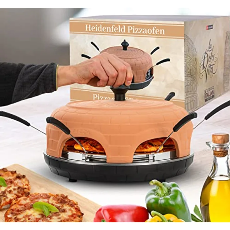 Heidenfeld Pizzaofen Pizzachef | Elektrischer Pizzaofen - 1100 Watt - Terracotta-Kuppel - Schnelle Backzeit - Raclette Backofen - Stahlplatte mit Pizzaschaufeln (Terracotta) - Preisvergleich
