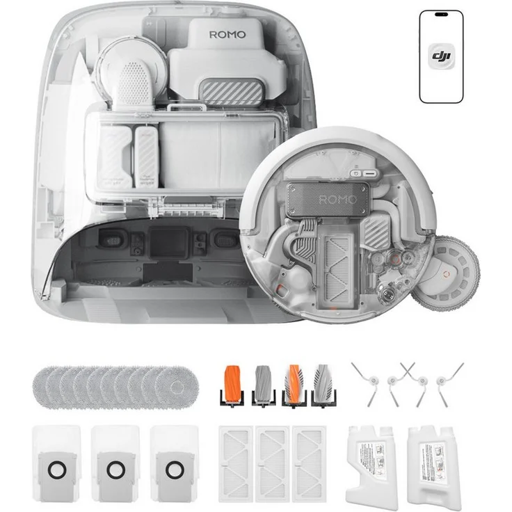 DJI ROMO Saugroboter ROMO P2 Clean More Combo, mit Wischfunktion, transparentem Design und 36.000 Pa Saugkraft