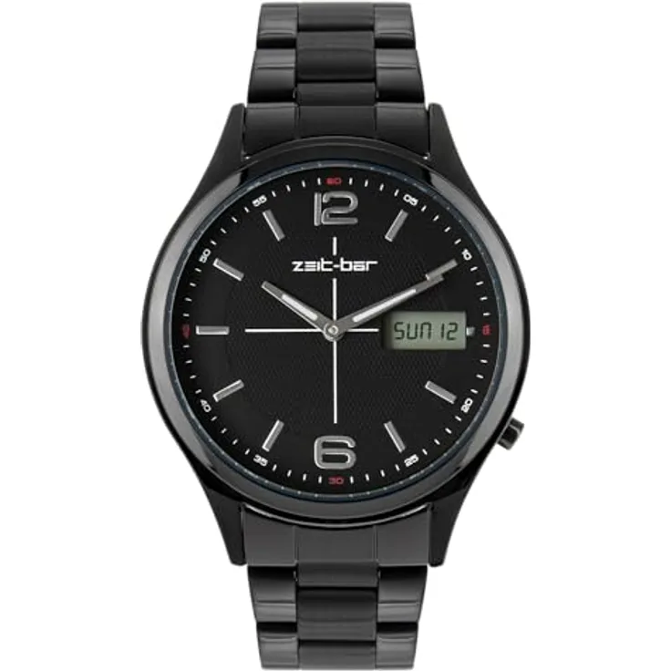 Zeit-Bar Funk-Armbanduhr Herren, mit Datums- und Wochentaganzeige, Metallgehäuse, Edelstahl-Armband, Leuchtzeiger, blau - Preisvergleich