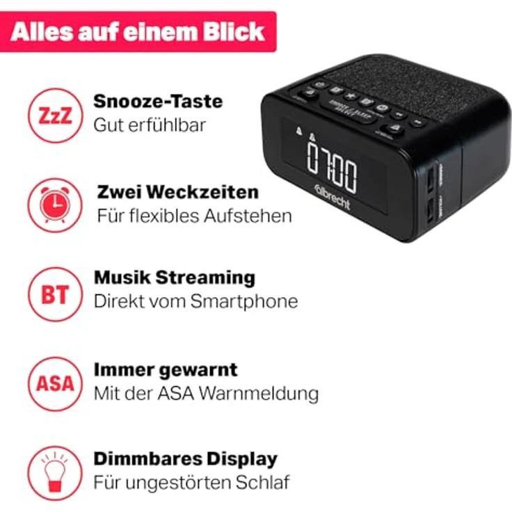 Albrecht DR451 DAB+/UKW Radiowecker mit Dimmfunktion, Musik-Streaming und ASA Warnsystem (Schwarz) – Bild 2