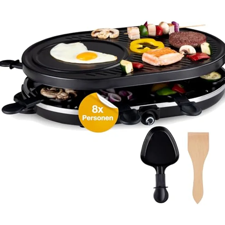 Everhomely Raclette Set für 8 Personen - Grill oval mit Crepes Funktion - Tischgrill inkl. Pfännchen & Schaber - RUND (TK49304)