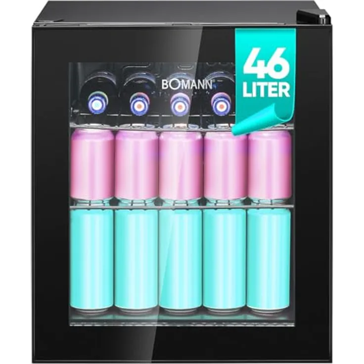 Bomann Getränkekühlschrank KSG 7291 | Mini Kühlschrank Glastür für bis zu 55 Dosen, leise (42db) | 2 Ablagen, 46L, für Büro, Outdoor und Gaming