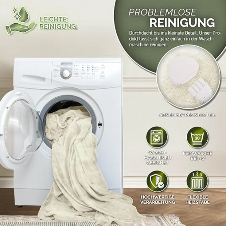 sinnlein Heizdecke aus Plüsch 200 x 180 cm creme elektrische Wärmedecke mit Abschaltautomatik und Timer 9 Temperaturstufen waschbar – Bild 4