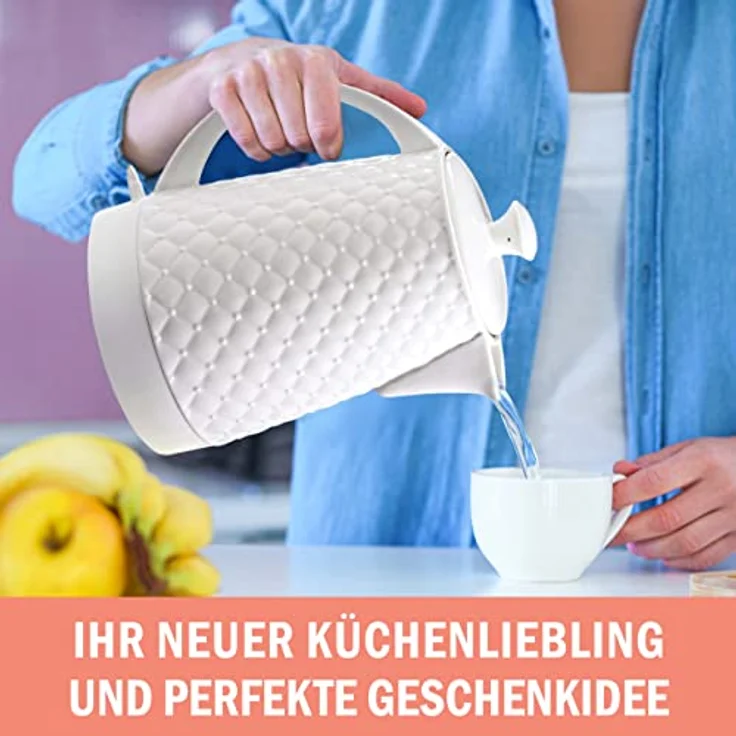 KVOTA Elektrischer Wasserkocher aus hochwertiger Keramik mit 1,8 Liter Fassungsvolumen, modernes Gesteppt-Design, abnehmbarer Deckel, weiß – Bild 2