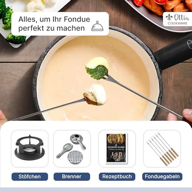 Ottia Fondue Set für 2-6 Personen, Gusseisen & Emaille, induktionsgeeignet, mit Brenner, 6 Gabeln & Rezeptbuch, ideal für Käse-, Fleisch- und Schokofondue – Bild 3
