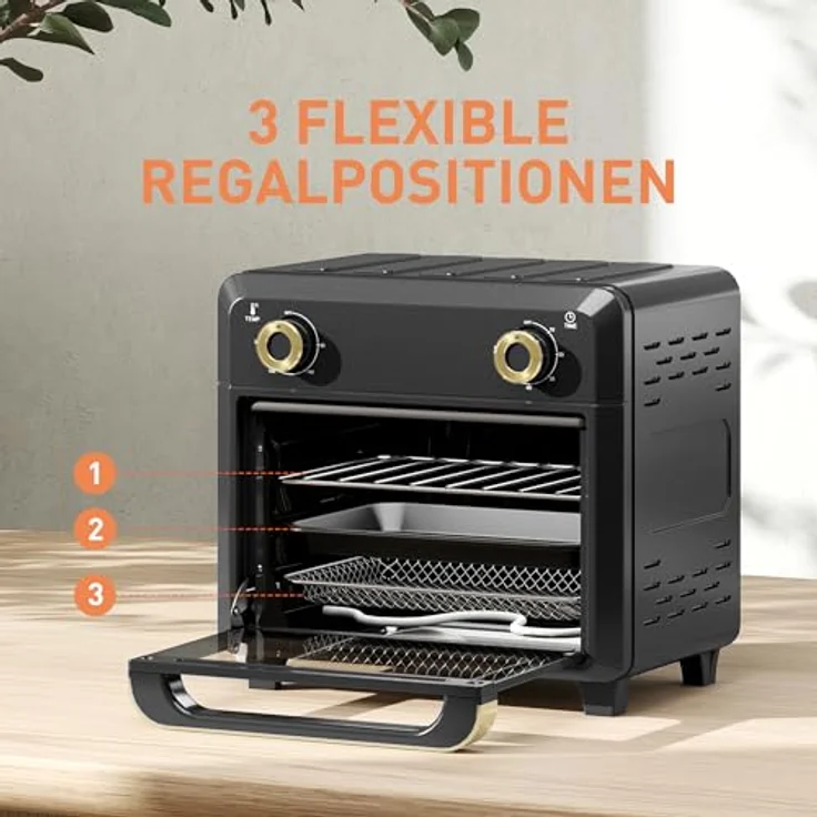HOMCOM Minibackofen mit Umluft, 10L Heißluftfritteuse, 60-Min-Timer, 80-230℃, 3 Einschubebenen, spülmaschinenfestes Zubehör, 1000W, schwarz – Bild 4