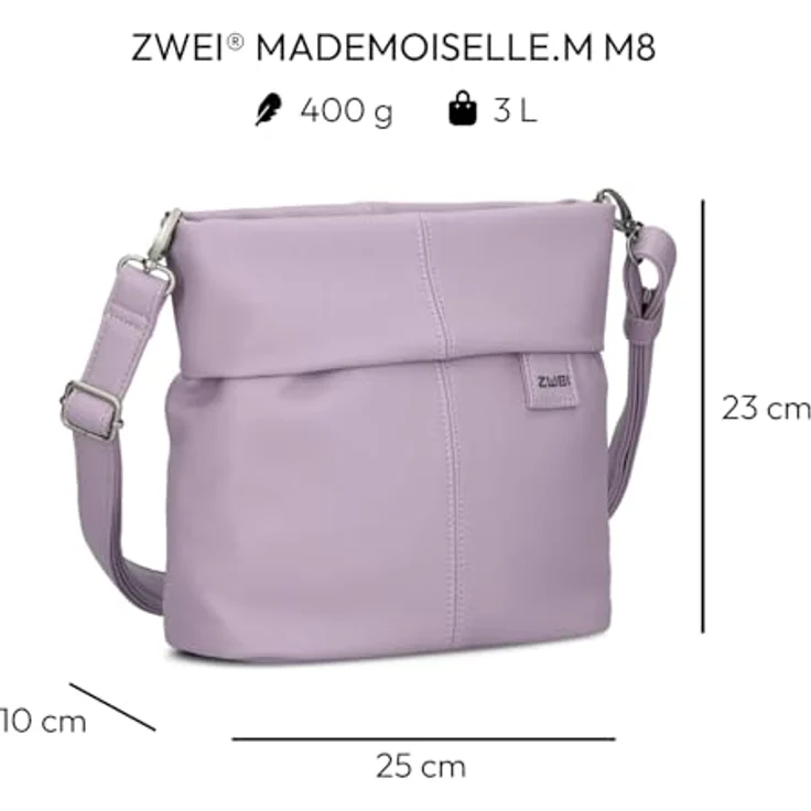 Zwei Mademoiselle.M M8, Umhängetasche in Lilac mit abnehmbarem Henkel und verstellbarem Schulterriemen, geräumigem Hauptfach und Zipperverschluss – Bild 2