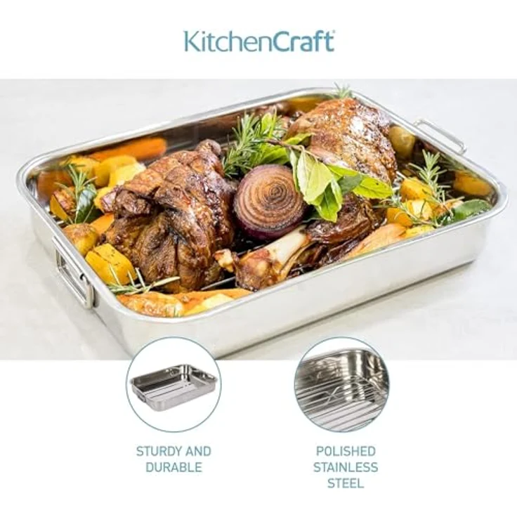 Kitchen Craft Bräter mit Rost aus Edelstahl, 37 x 28x 6.5cm – Bild 4