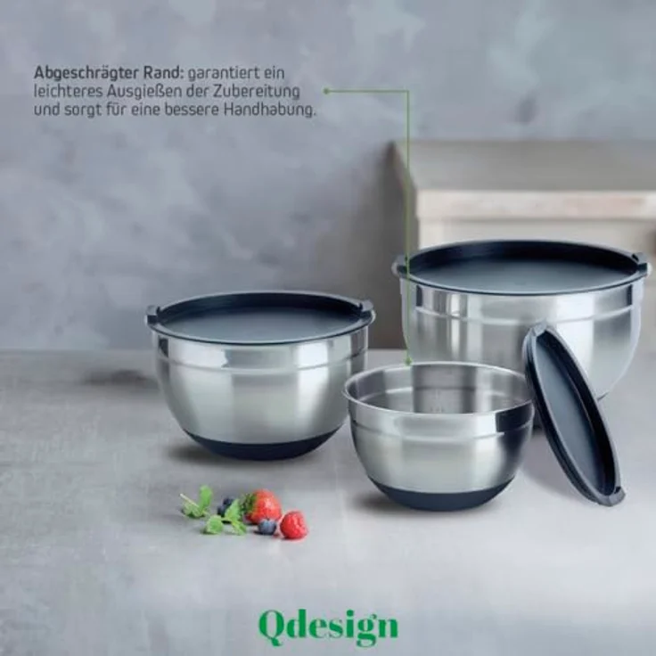 Q Design Rührschüsseln aus Edelstahl mit Deckel - 3er-Set, vielseitig und praktisch – Bild 4