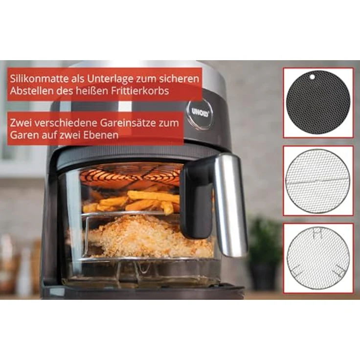 Unold 58695 Glas Heißluftfritteuse mit Digitalem LED-Touchscreen und 10 Automatikprogramme für, Grillen, Garen, Braten, Dörren, Backen, Warmhalten, Erhitzen, Auftauen oder Rösten - ganz ohne Öl – Bild 3