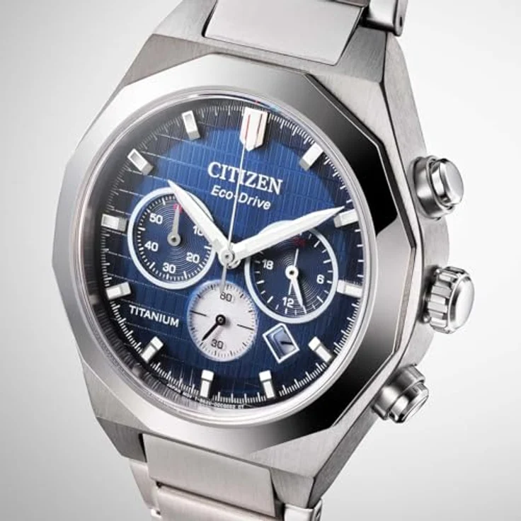 Citizen CA4691-59L Zenshin Senkei Eco-Drive Solar Super Titanium Chronograph, silberfarbenes Gehäuse, blaues Zifferblatt, Gliederband, 10 ATM Wasserdichtigkeit – Bild 2
