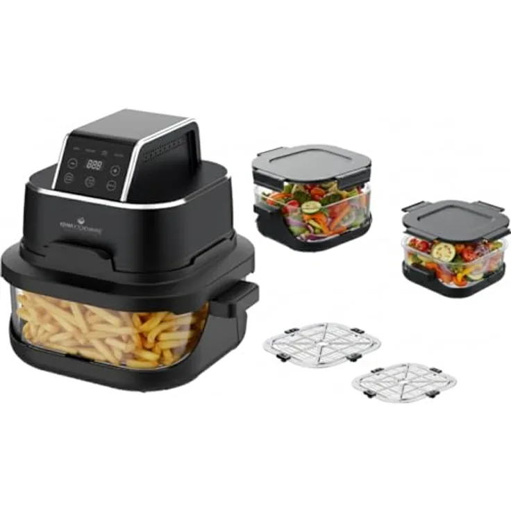 KeMar Kitchenware Heißluftfritteuse KHF-400, 4L & 1,5L Doppelkorb, Touch Display, 7 Programme, Nachtschwarz, 1500W, Glas-Technologie