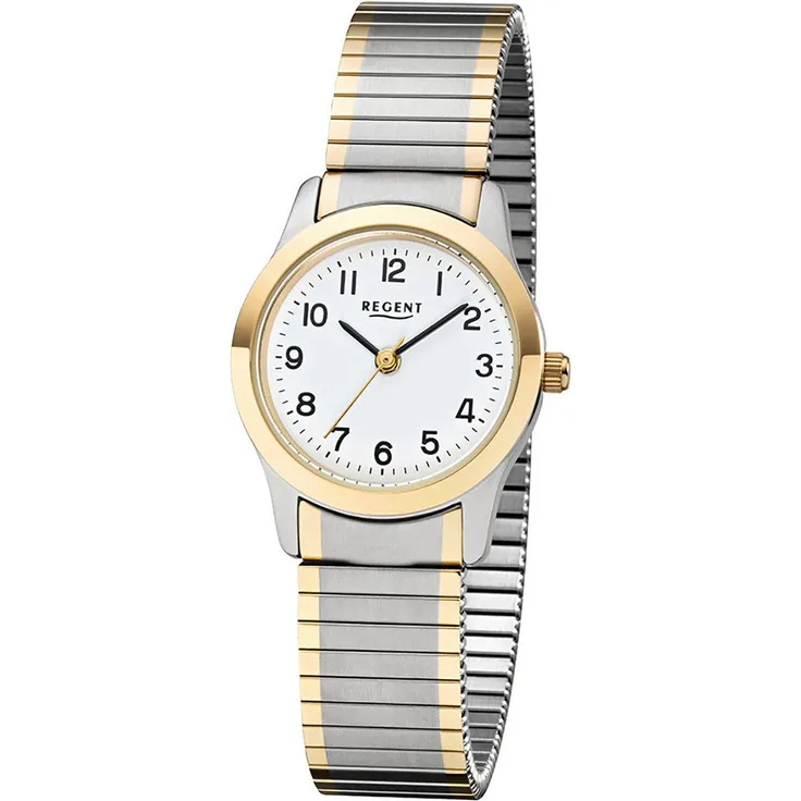 Regent Quarzuhr, Armbanduhr, Damenuhr, Flexband, Zugband, Edelstahlarmband, weiß, edelstahlfarben-goldfarben