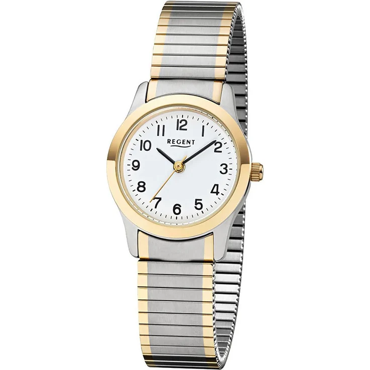 Regent Quarzuhr, Armbanduhr, Damenuhr, Flexband, Zugband, Edelstahlarmband, weiß, edelstahlfarben-goldfarben – Bild 1